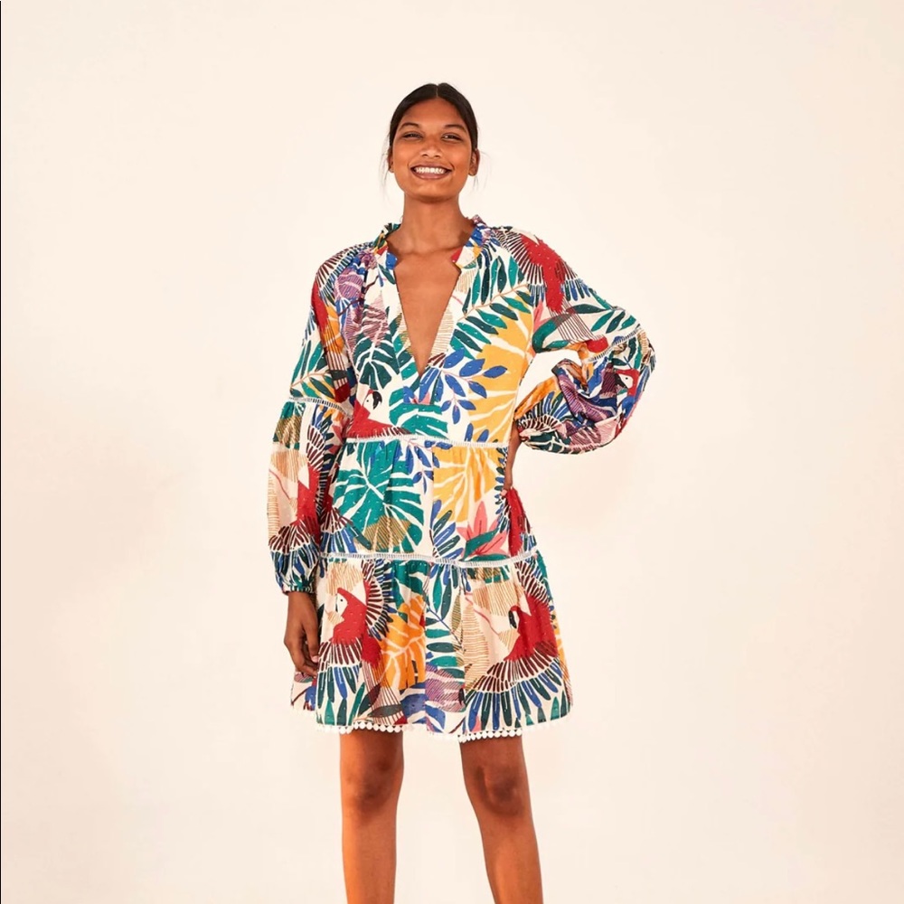 Farm Rio off white macaw mini dress NWT size large